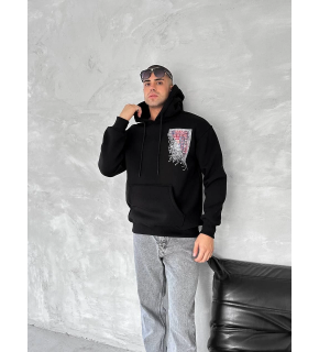 Erkek Kapüşonlu Kanguru Cepli Sweatshirt 3 İplik Pamuklu Baskılı Hoodie - Siyah