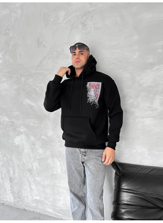 Erkek Kapüşonlu Kanguru Cepli Sweatshirt 3 İplik Pamuklu Baskılı Hoodie - Siyah Erkek Kapüşonlu Kanguru Cepli Sweatshirt 3 İplik Pamuklu Baskılı Hoodie - Siyah