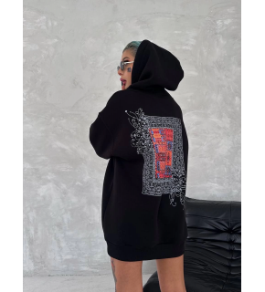 Kadın Kapüşonlu Kanguru Cepli Sweatshirt 3 İplik Pamuklu Baskılı Hoodie - Siyah