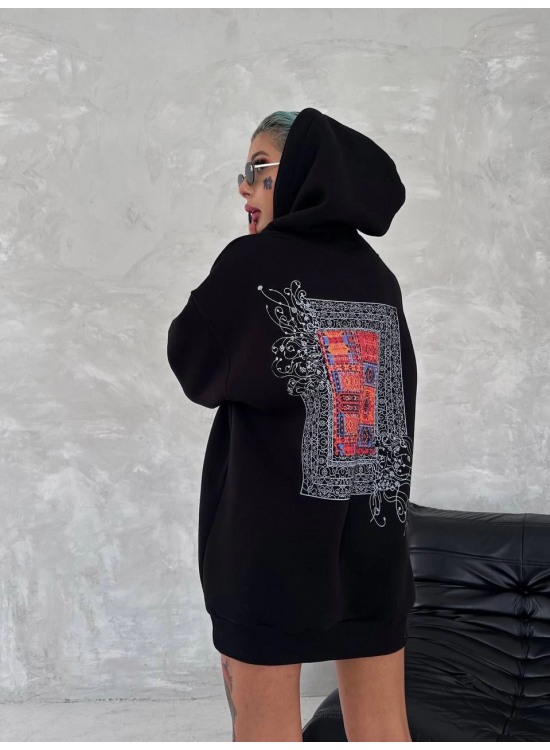 Kadın Kapüşonlu Kanguru Cepli Sweatshirt 3 İplik Pamuklu Baskılı Hoodie - Siyah Kadın Kapüşonlu Kanguru Cepli Sweatshirt 3 İplik Pamuklu Baskılı Hoodie - Siyah