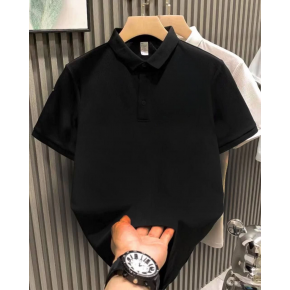 Erkek Polo Yaka Pike Kumaş Yazlık Tişört Düğmeli Düz kısa kol T-Shirt - Siyah