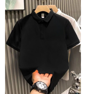 Erkek Polo Yaka Pike Kumaş Yazlık Tişört Düğmeli Düz kısa kol T-Shirt - Siyah