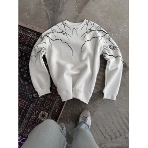 Kadın 3 iplik pamuklu Yıldırım Baskılı Bisiklet Yaka SweatShirt - Beyaz