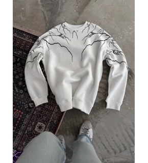 Kadın 3 iplik pamuklu Yıldırım Baskılı Bisiklet Yaka SweatShirt - Beyaz