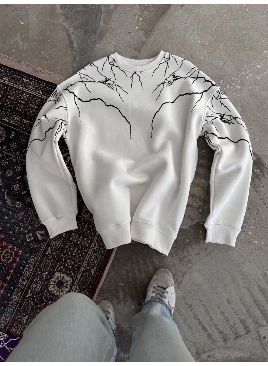Kadın 3 iplik pamuklu Yıldırım Baskılı Bisiklet Yaka SweatShirt - Beyaz