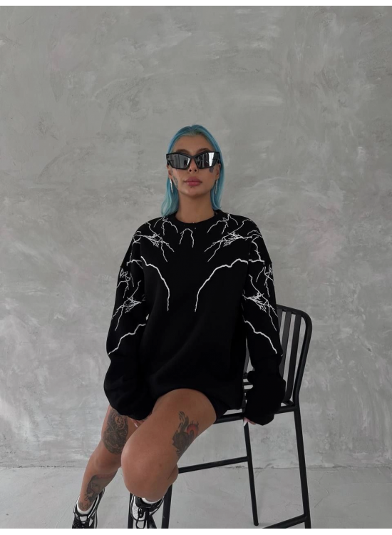 Kadın Yıldırım Baskılı Bisiklet Yaka 3 iplik pamuklu SweatShirt - Siyah Kadın Yıldırım Baskılı Bisiklet Yaka 3 iplik pamuklu SweatShirt - Siyah