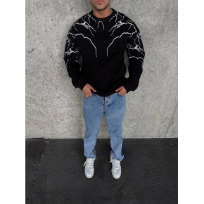 Erkek 3 iplik pamuklu Yıldırım Baskılı Bisiklet Yaka SweatShirt - Siyah