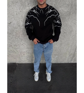 Erkek 3 iplik pamuklu Yıldırım Baskılı Bisiklet Yaka SweatShirt - Siyah