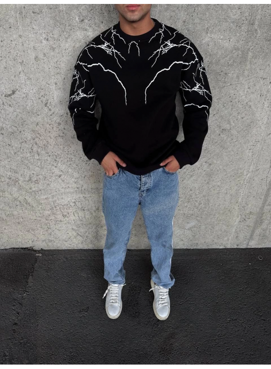 Erkek 3 iplik pamuklu Yıldırım Baskılı Bisiklet Yaka SweatShirt - Siyah Erkek 3 iplik pamuklu Yıldırım Baskılı Bisiklet Yaka SweatShirt - Siyah