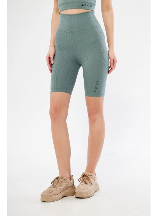 Yüksek Bel Fitilli Biker Baskılı Şort - Mint Yeşili